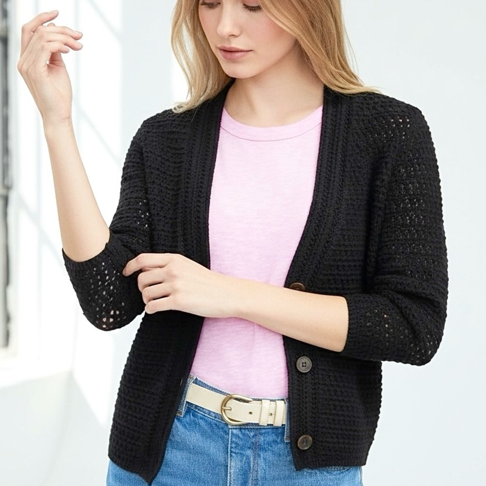 LOFT Ann Taylor Crochet Cardigan Button Front 3/4 Sleeve V-Neck Ribbed Trims